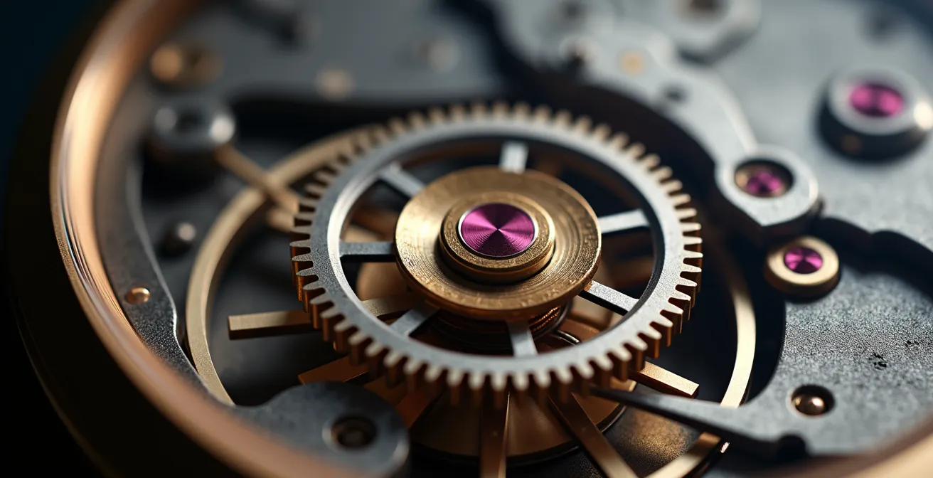 Extreme close-up of a balance wheel with hairspring showing the delicate metal coils