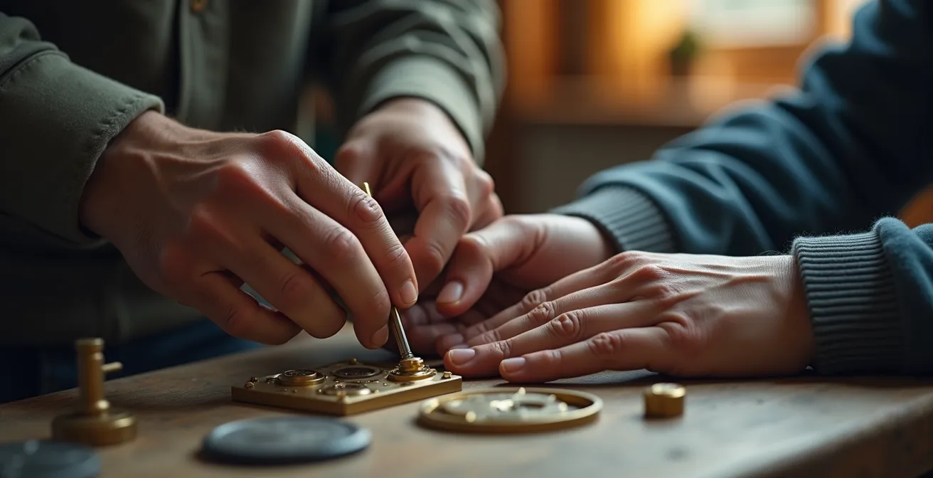 Instructor's hands gently guiding a student's hands during a delicate assembly procedure